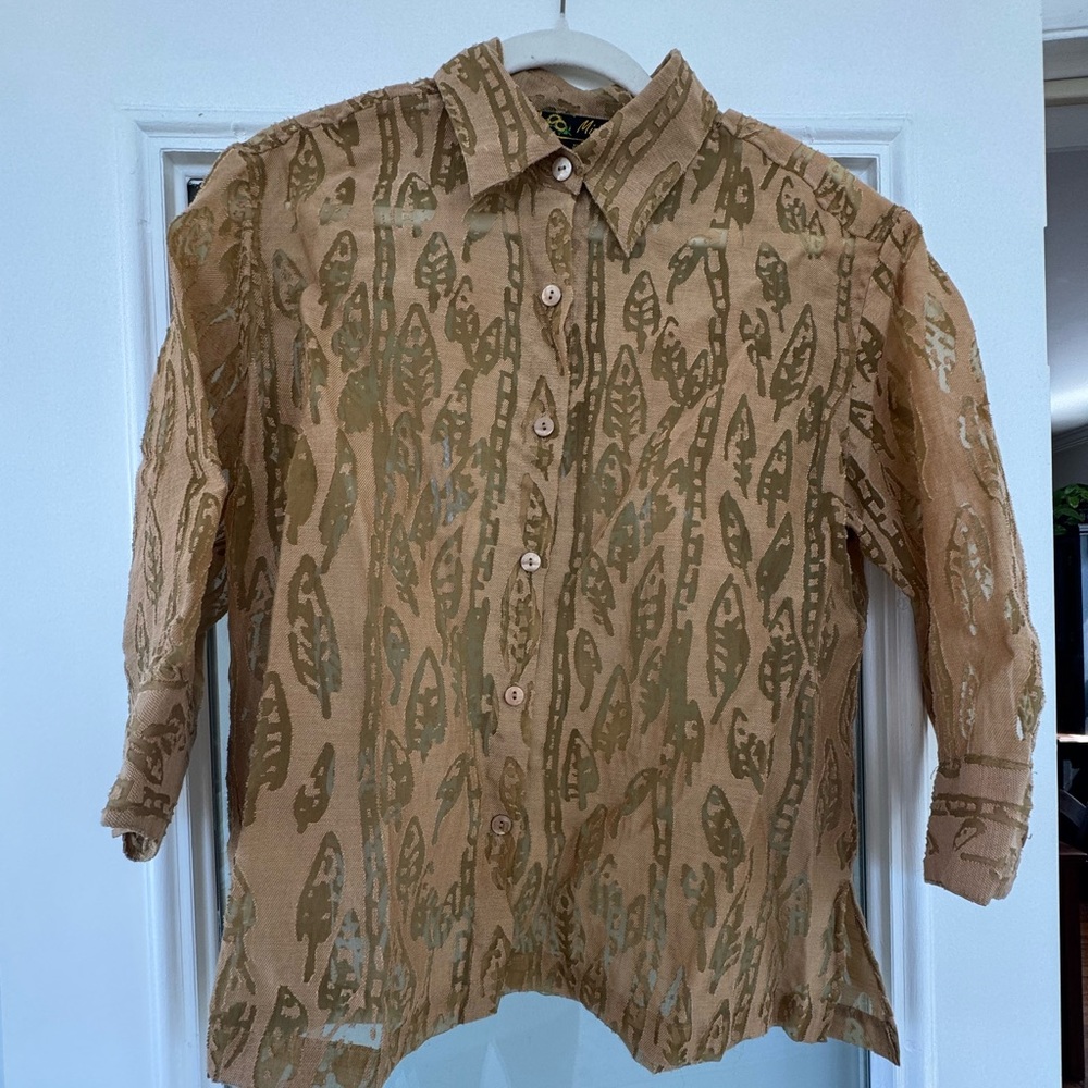 Mirasol linen blend gold burn-out Button up blouse size Medium